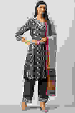 Charcoal LIVA A-Line Kurta Palazzo Suit Set image number 5