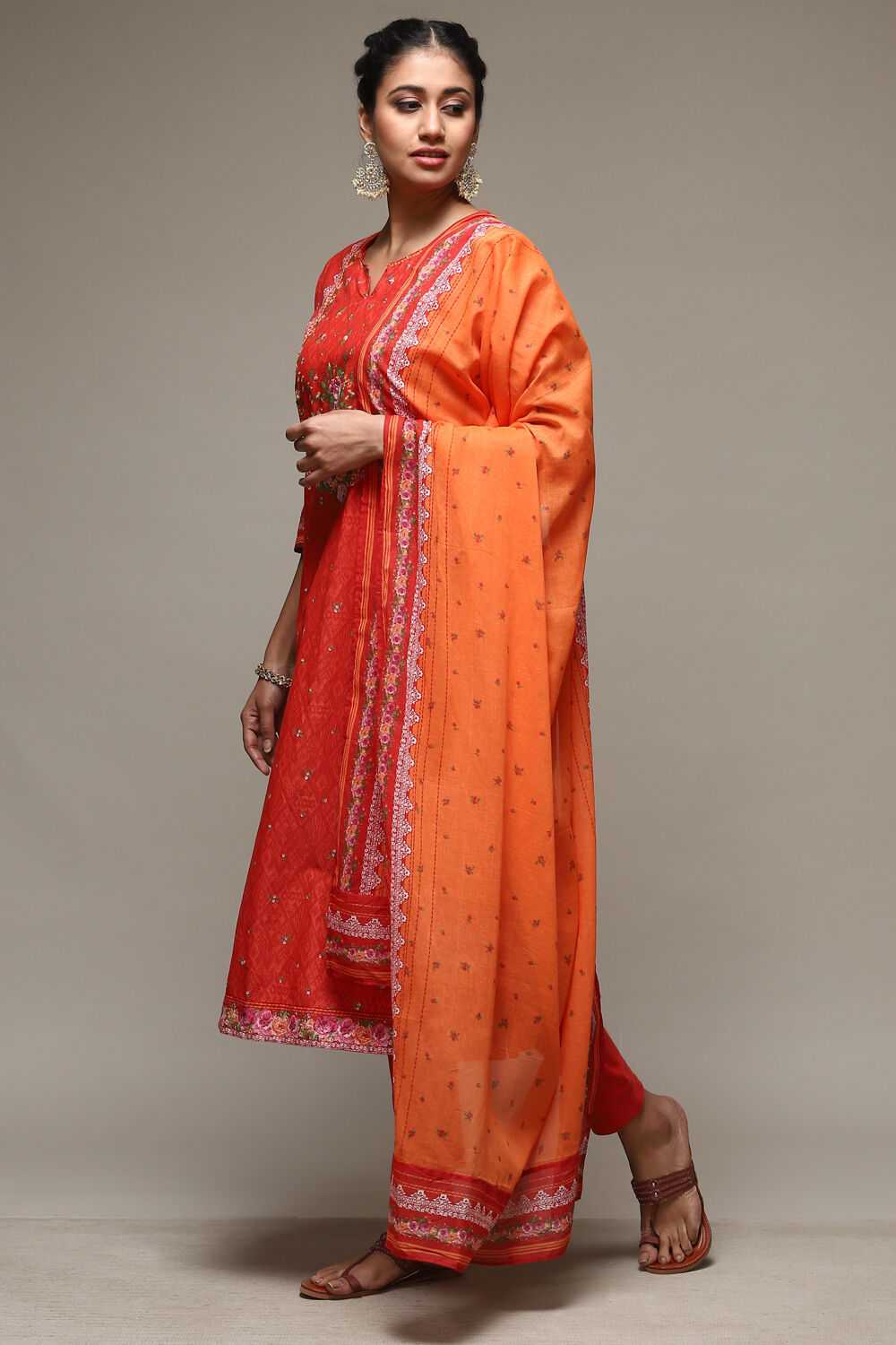 Red Cotton Kalidar Kurta Churidar Suit Set image number 5