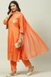 Orange Printed Viscose Straight Kurta Regular Pants Suit Set image number 7