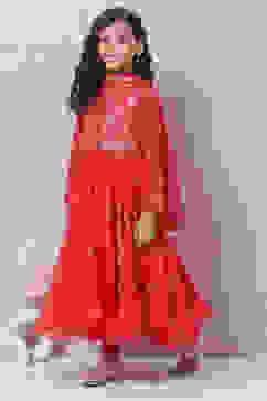 Red Cotton Anarkali Kurta Churidar Suit Set image number 3