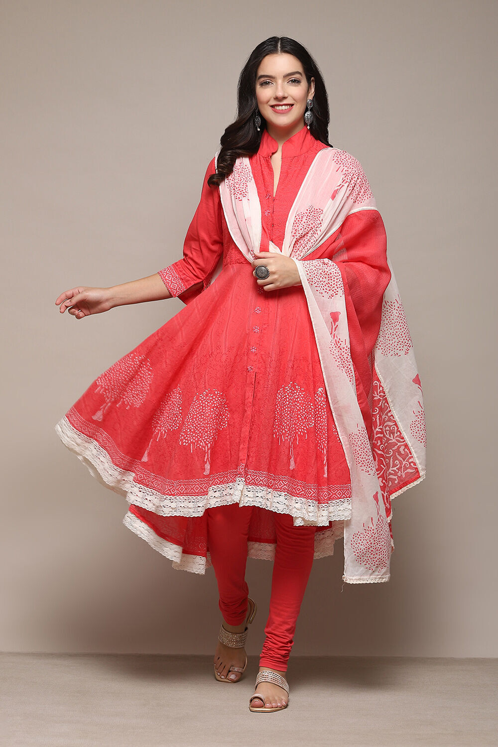 Coral Cotton Asymmetric Solid Kurta Churidar Suit Set image number 7