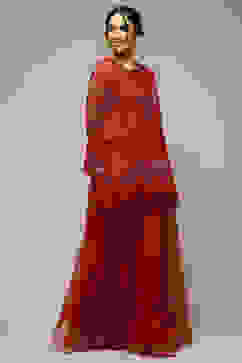 Red Nylon Straight Kurta Sharara Suit Set image number 5