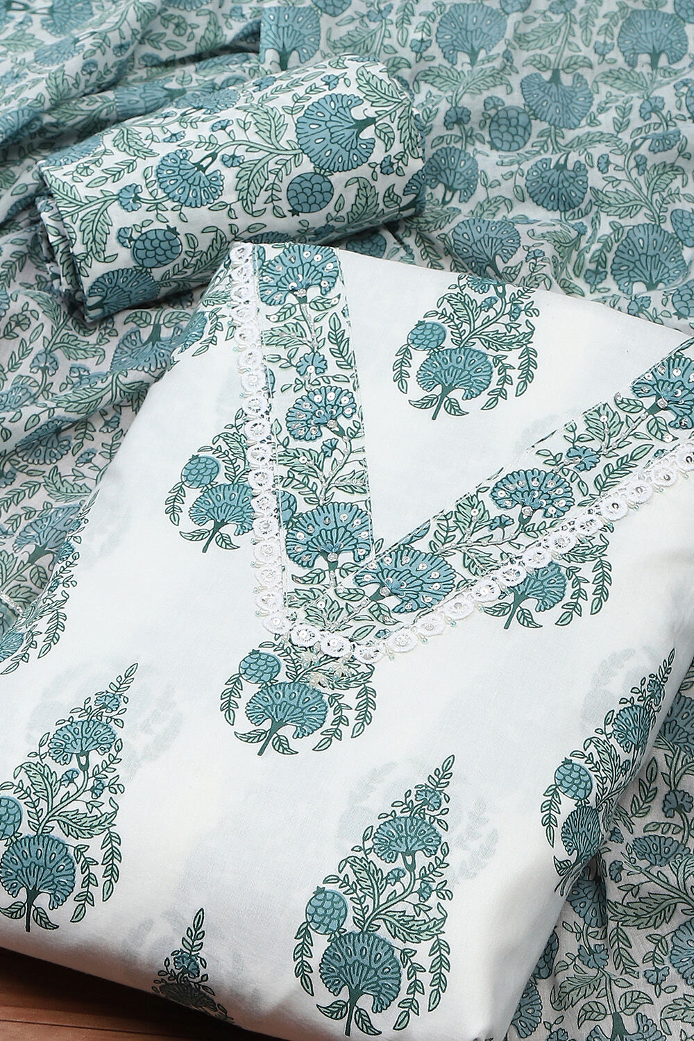 White Cotton Hand Block Print Unstitched Suit Set image number 1