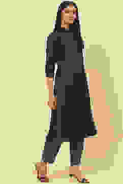 Navy Cotton Straight Fusion Yarndyed Kurta Set image number 5