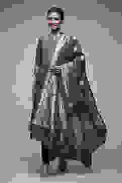 Charcoal Grey Silk Blend Straight Suit Set image number 1