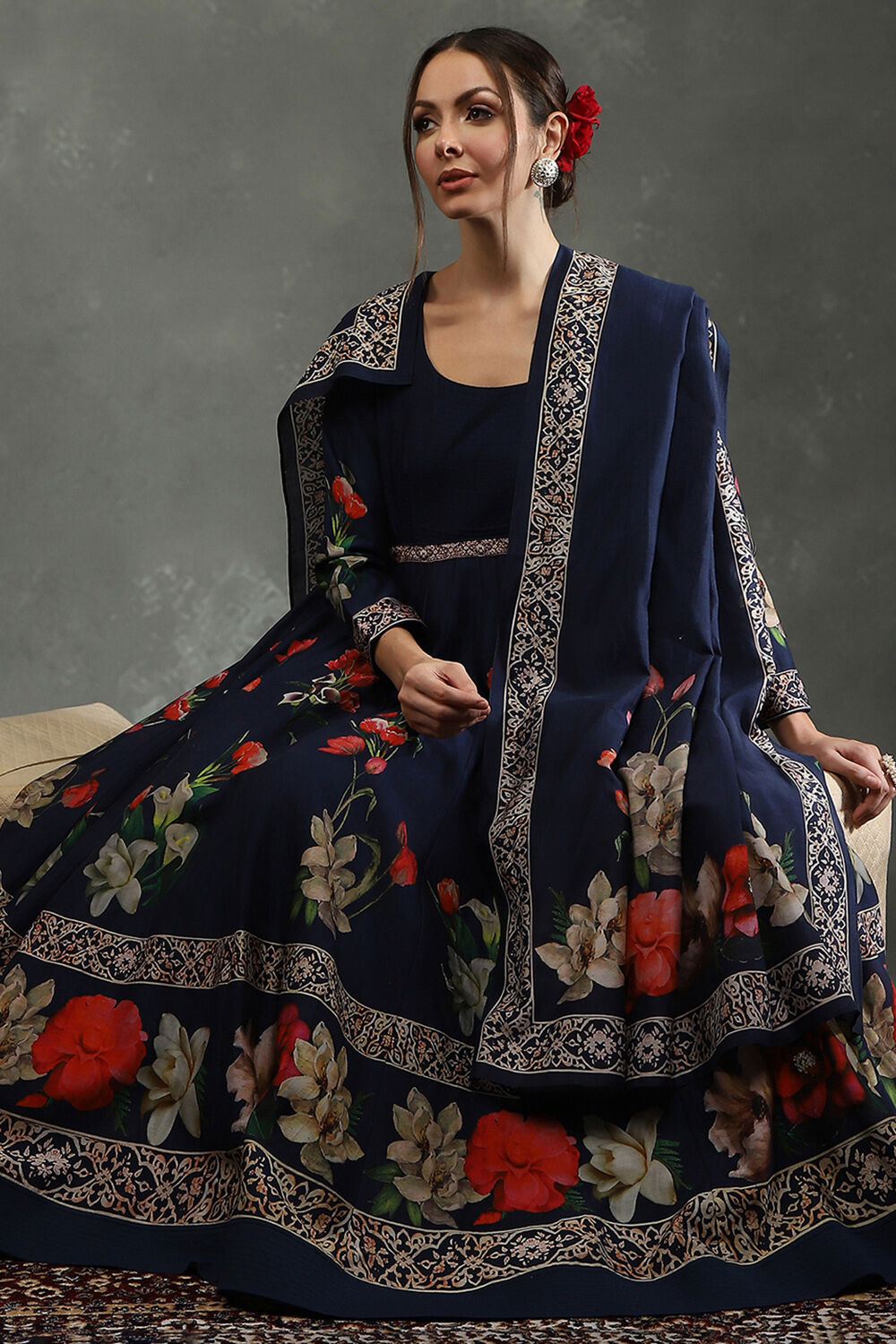 Maroon Silk Chanderi Floral Anarkali Suit Set image number 0