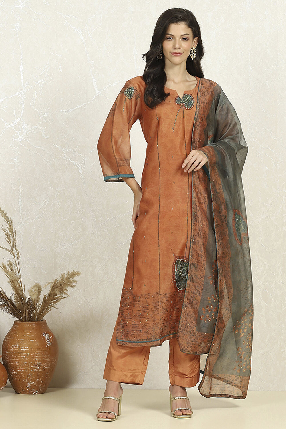 Rust Chanderi Unstitched Suit Set image number 7
