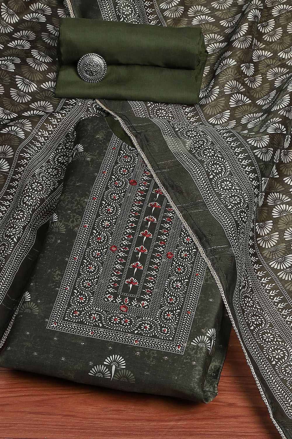Green Chanderi Floral Printed Unstitched Suit Set image number 0