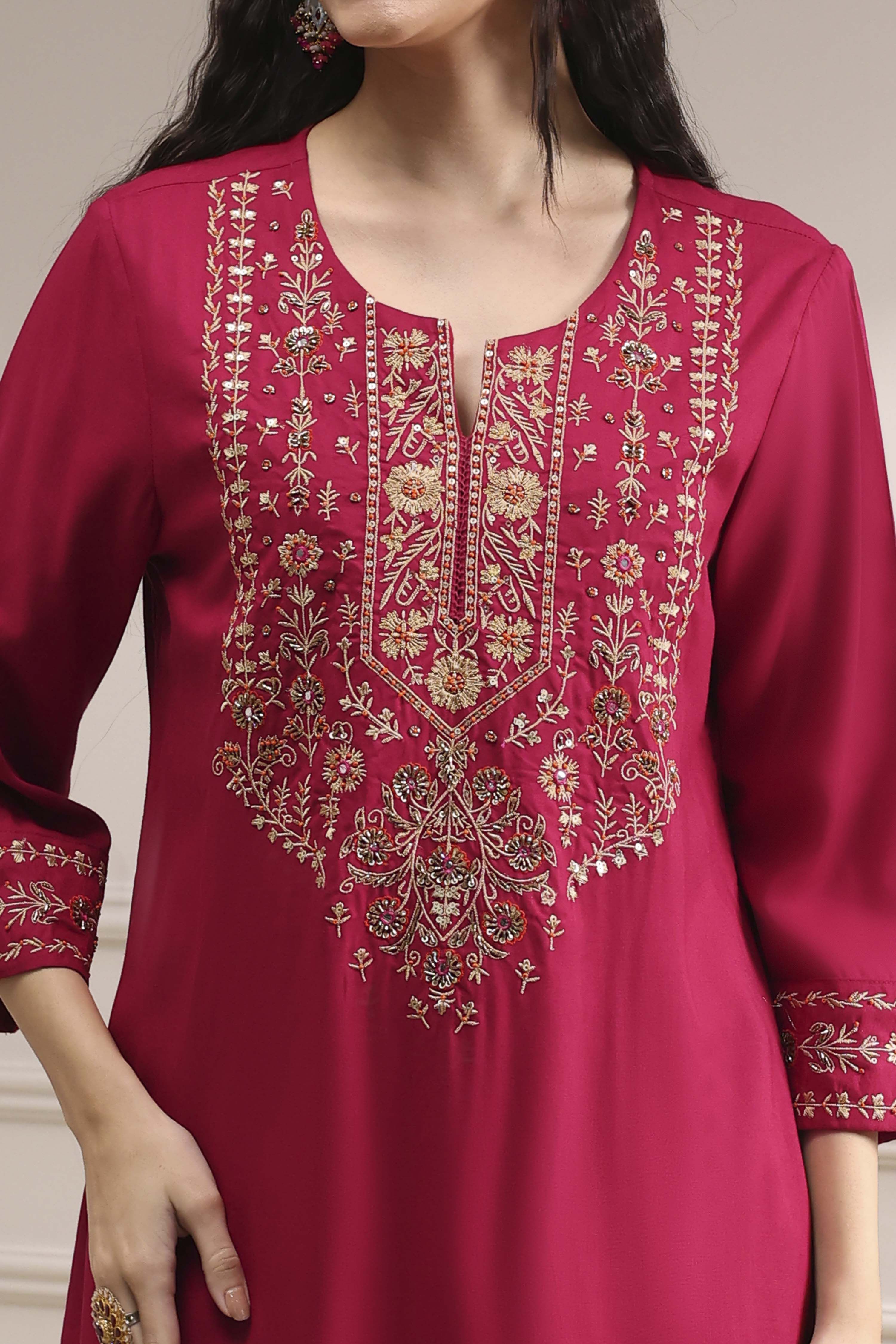 Navy Blue Embroidered Straight Suit Set image number 1