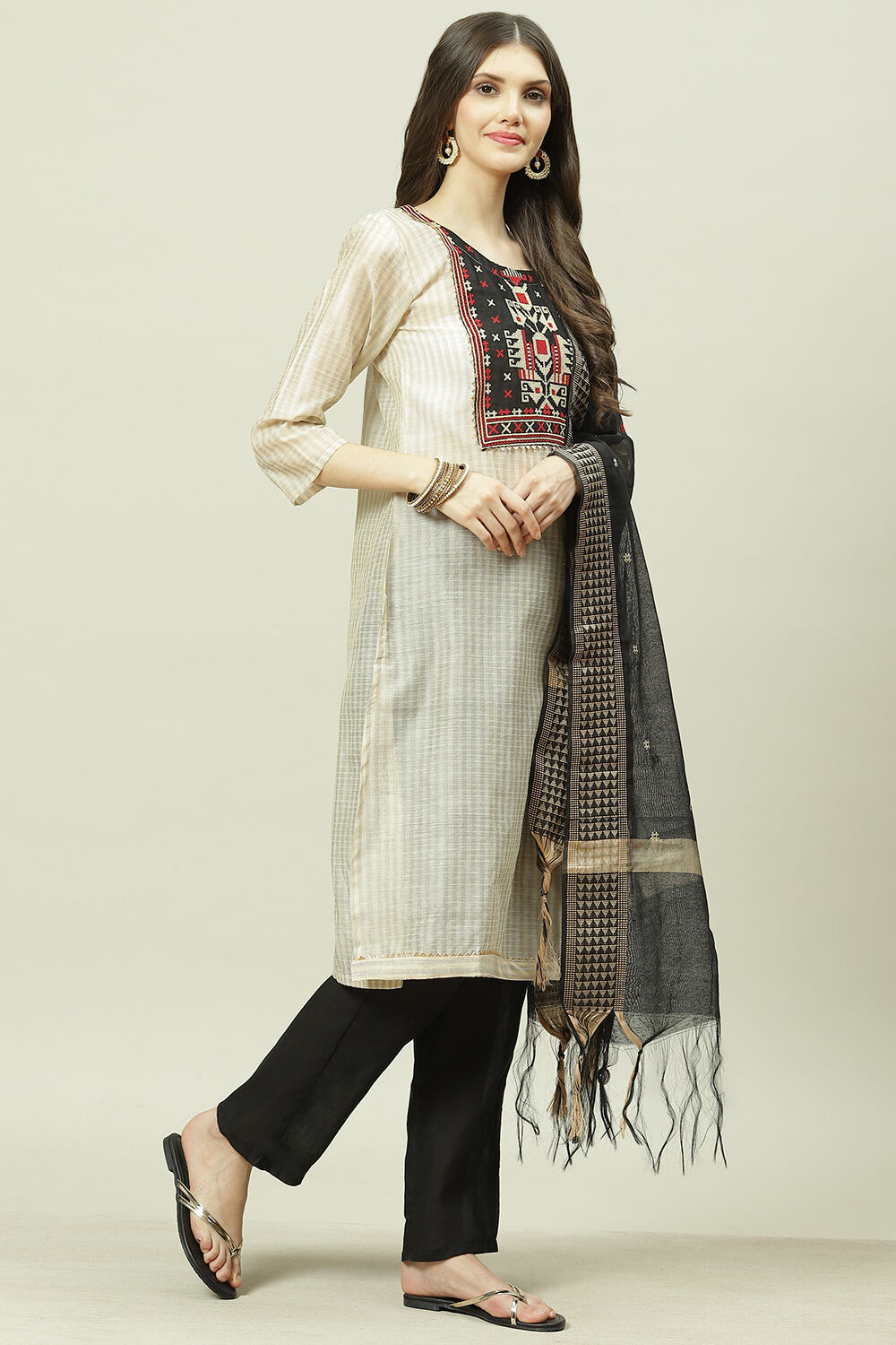 Yellow Chanderi Machine Embroidered Unstitched Suit Set image number 6