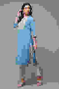 Blue Cotton Blend Straight Printed Kurta image number 3