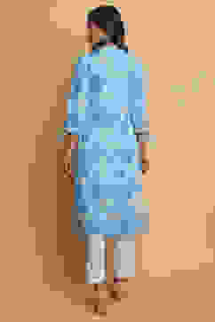 Blue Cotton Straight Kurta Pant Suit Set image number 4