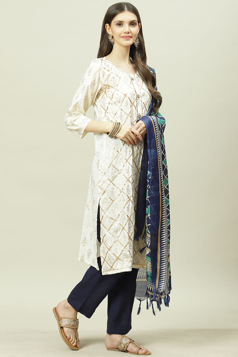 Blue Cotton Machine Embroidered Unstitched Suit Set image number 6
