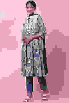 White and Blue Cotton Flared Kurta Slim Pant Suit Set image number 5