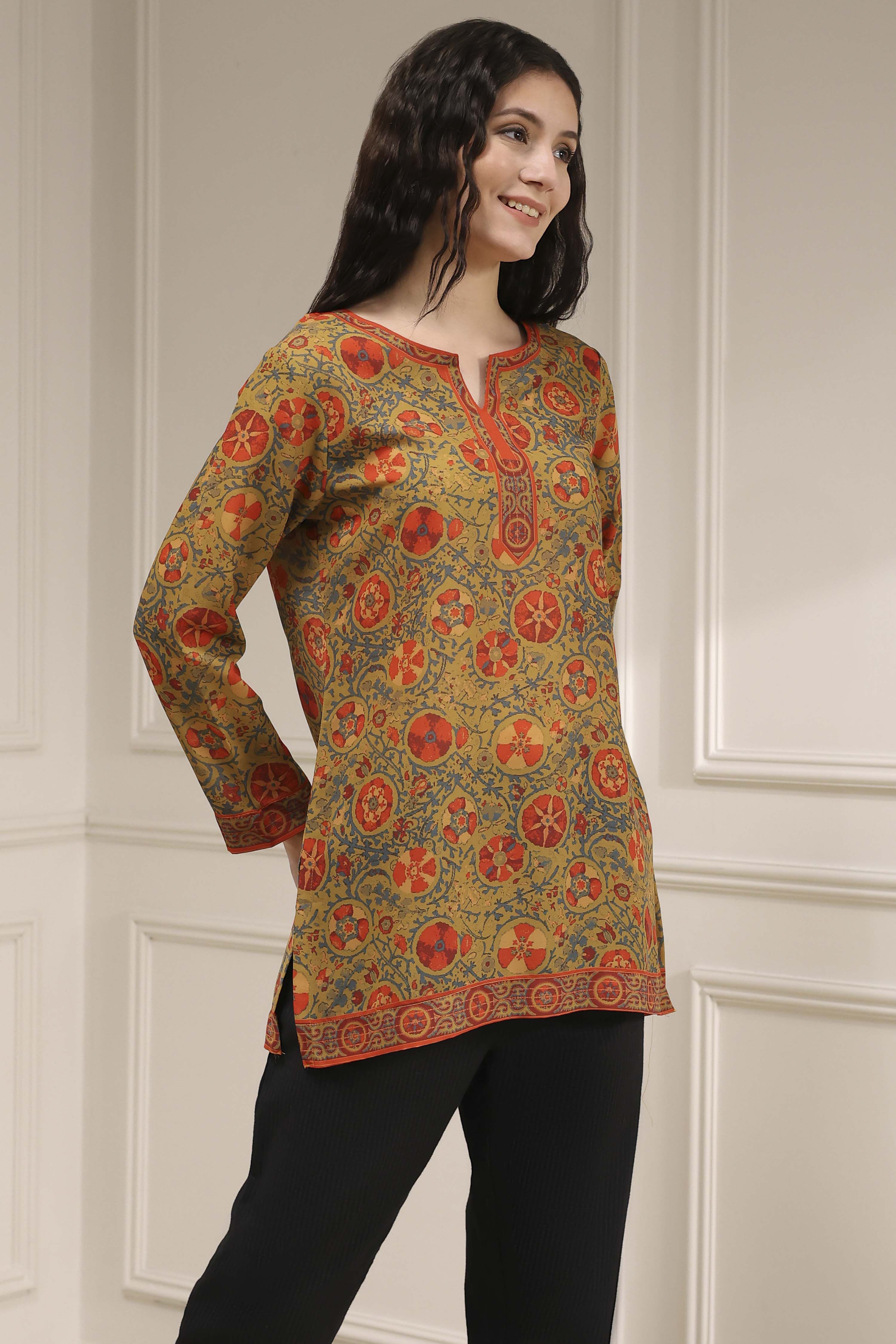 Mustard Red Polyester Straight Printed Short Kurta image number 4