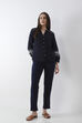 Navy Blue Solid Cotton Lycra Straight Pants image number 0