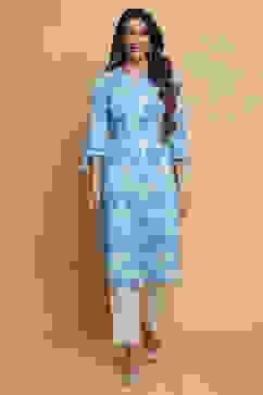 Blue Cotton Straight Kurta Pants Set image number 0