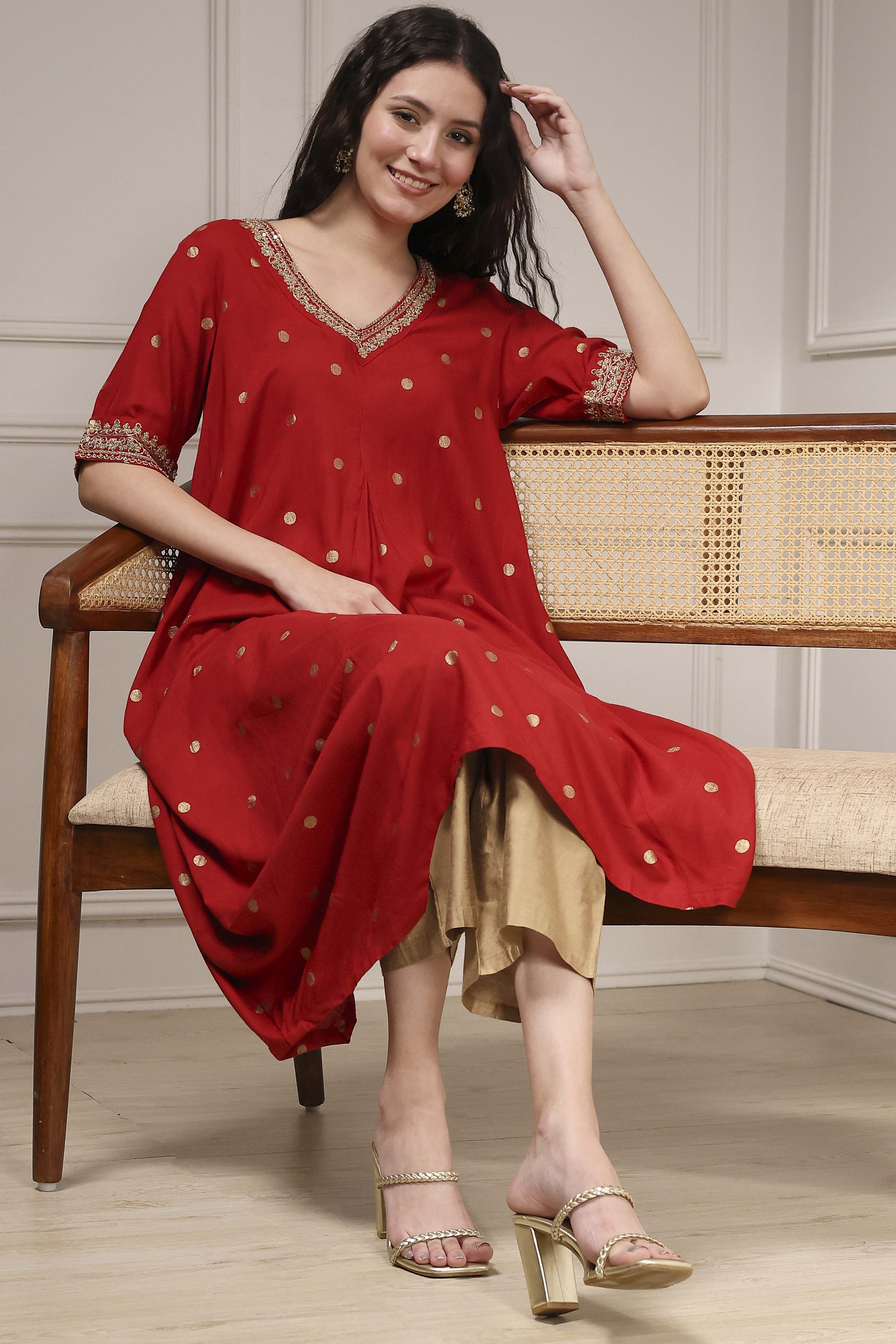 Red Printed Asymmetric A-Line Kurta image number 0