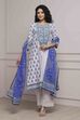 White and Blue Cotton Printed Straight Suit Set