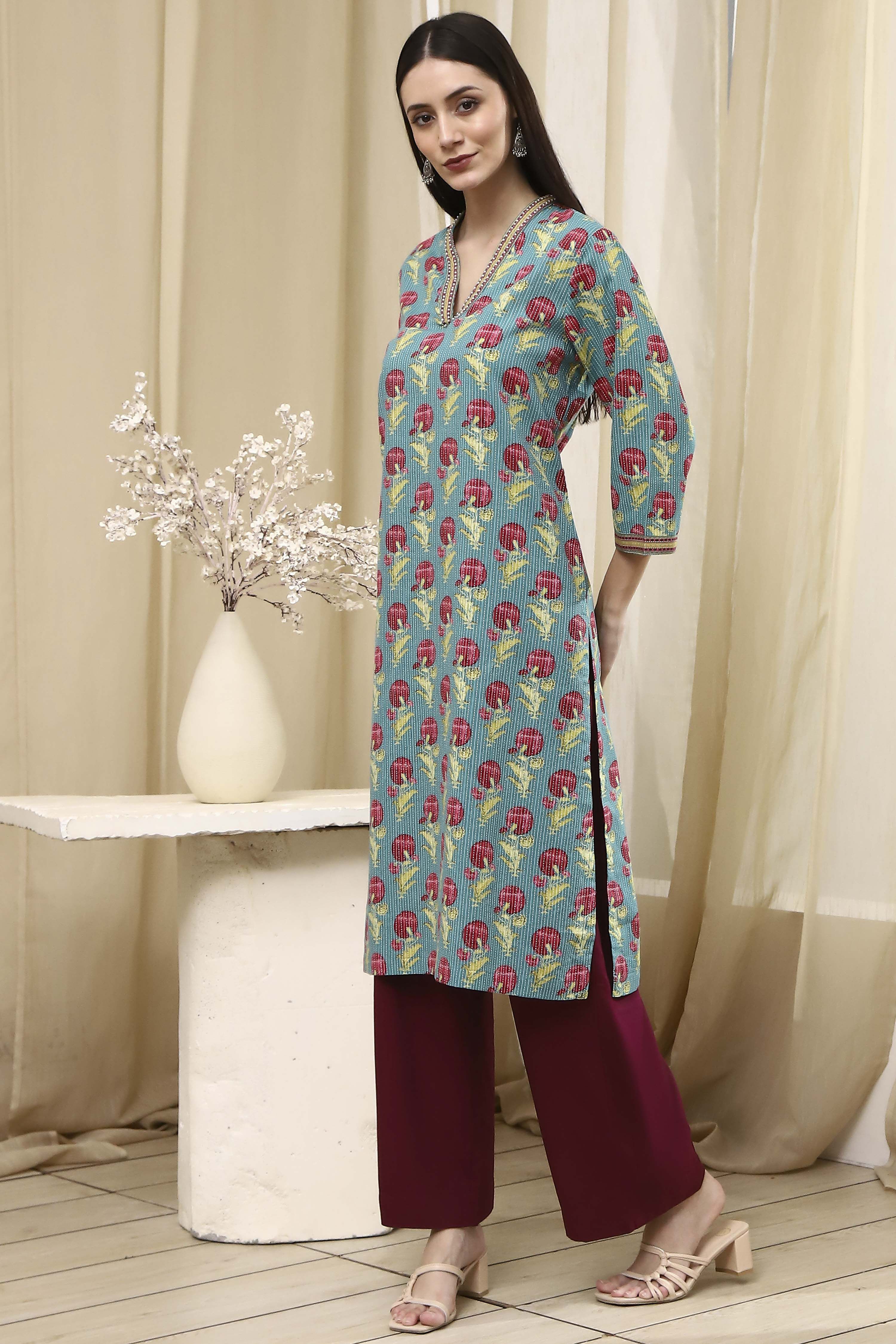 Teal Cotton Printed Straight Kurta image number 2