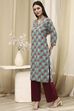 Teal Cotton Printed Straight Kurta image number 2