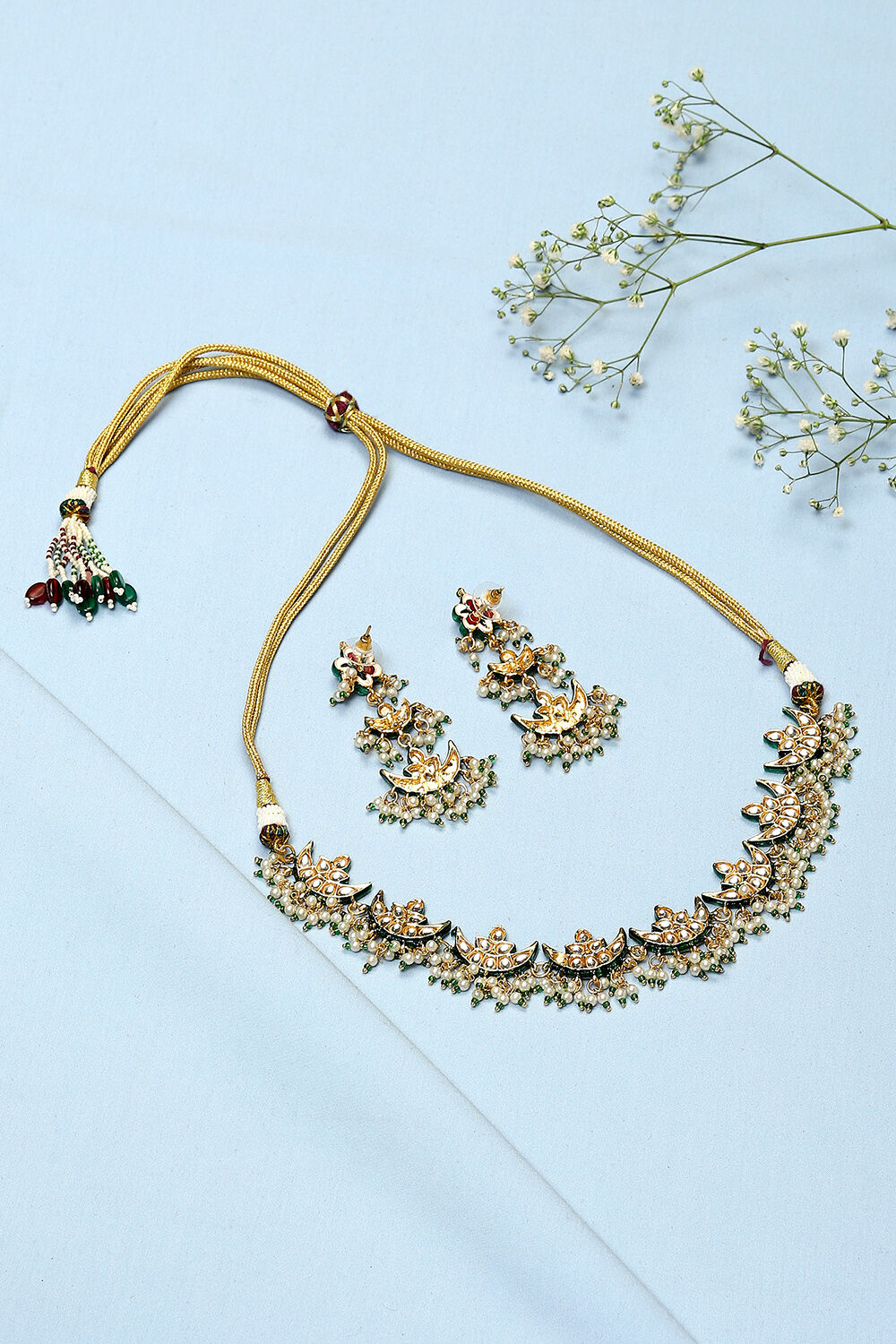 Gold & Green Brass Necklace Set image number 2