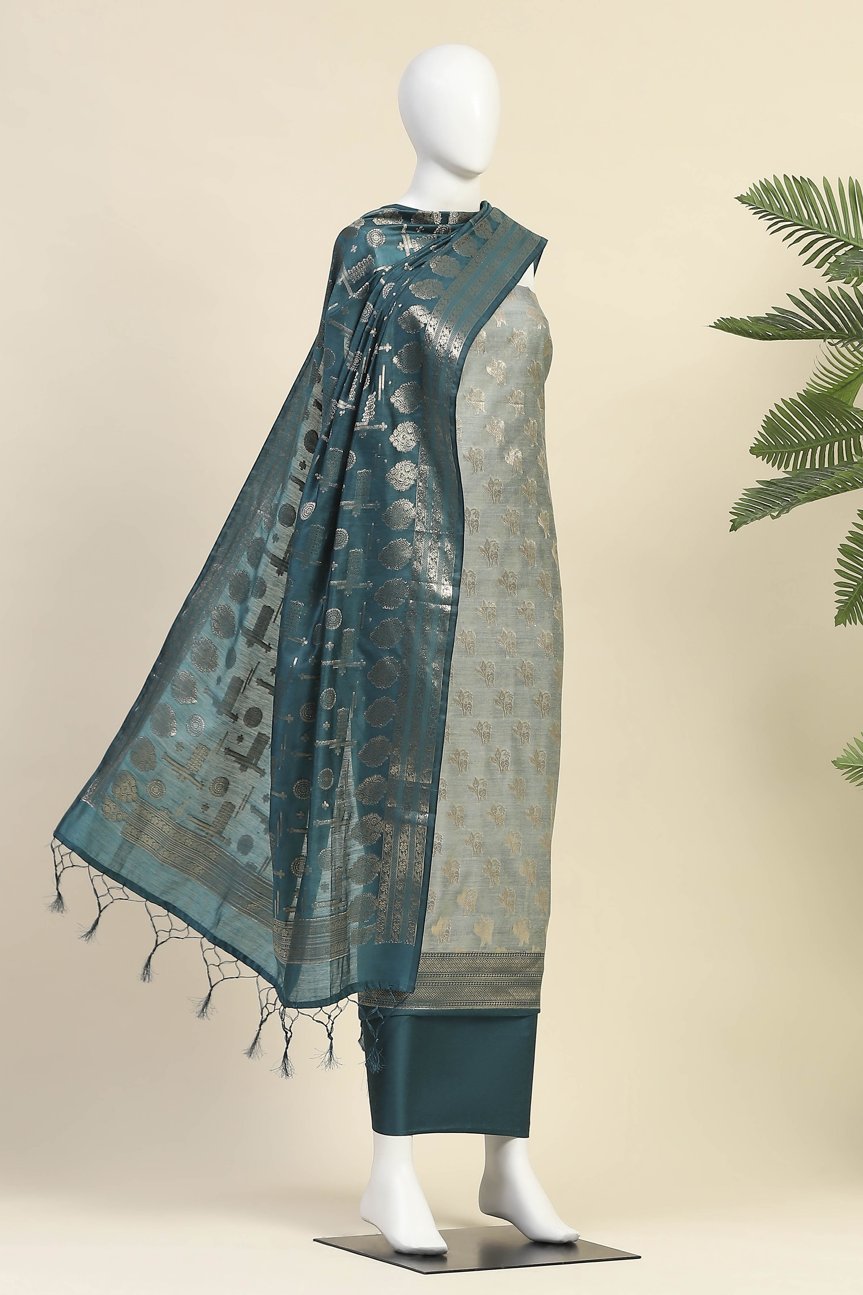 Wine Poly Silk Banarasi Unstitched Suit Set image number 4