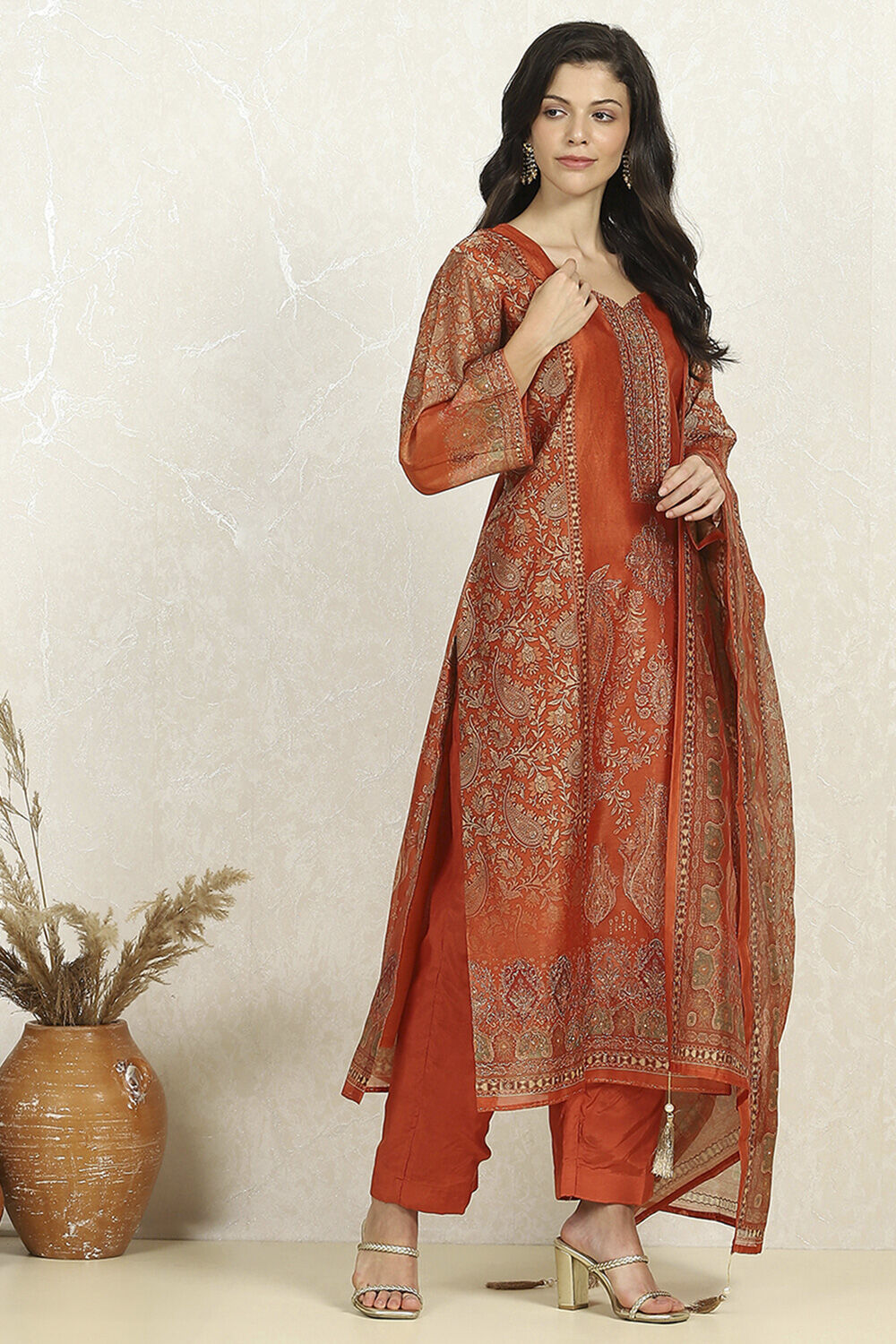 Rust Chanderi Unstitched Suit Set image number 6