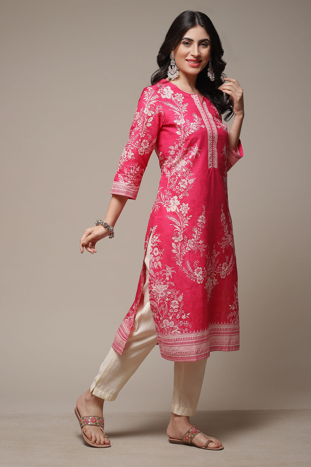 Pink Cotton Straight Printed Kurta image number 4