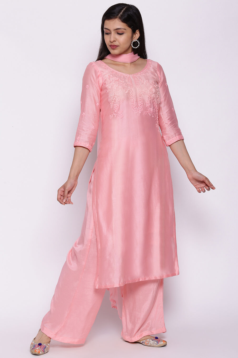 Off White Art Silk Unstitched Suit Set image number 5