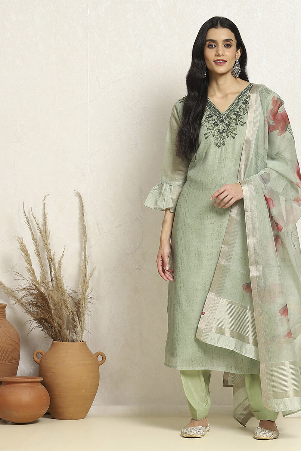 Green Chanderi Hand Embroidered Unstitched Suit Set image number 1