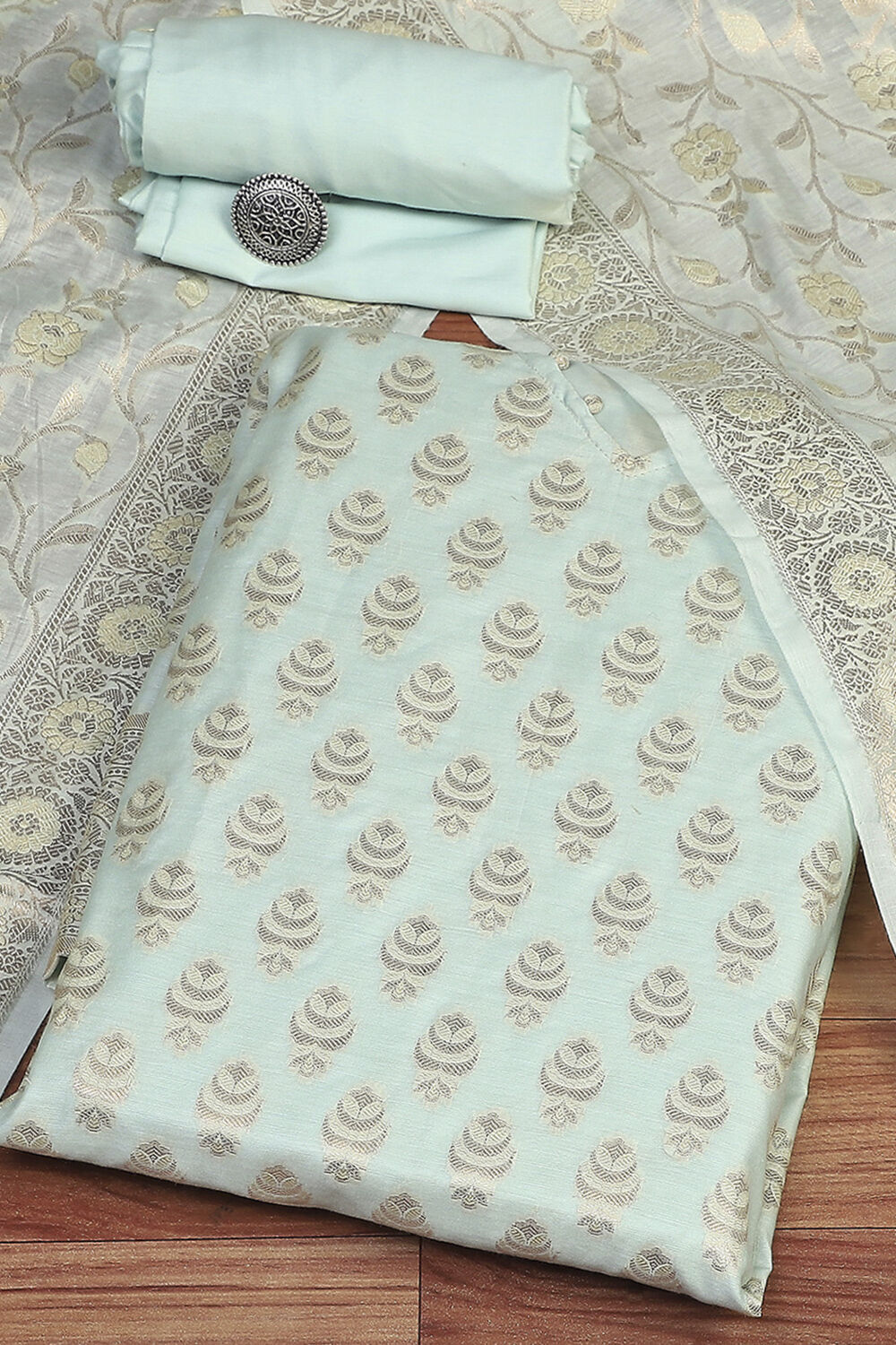 Blue Cotton Printed Embroidered Unstitched Suit Set image number 0