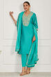 Turquoise Cotton Silk Printed Straight Kurta Set image number 0