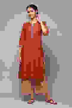 Red Cotton Straight Kurta Palazzo Suit Set image number 3
