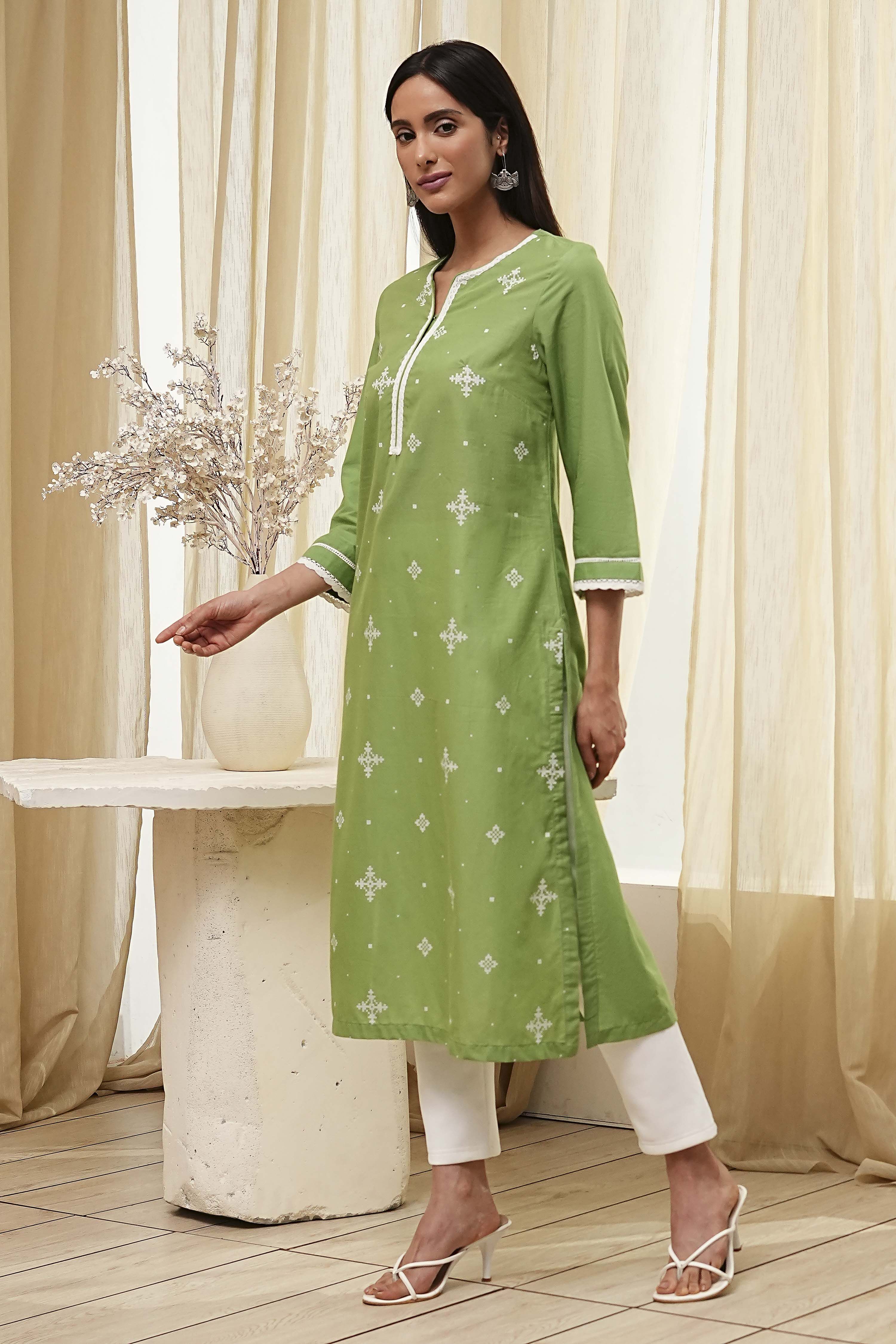 Olive Green Cotton Straight Kurta image number 2