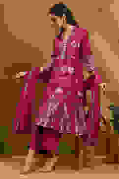 Berry Pink Yarn Dyed Kalidar Suit Set image number 0