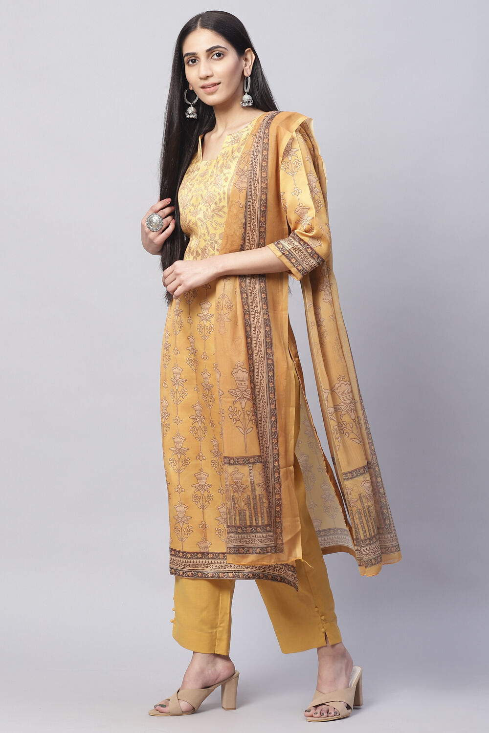 Navy Silk Blend Digital Print Unstitched Suit Set image number 5