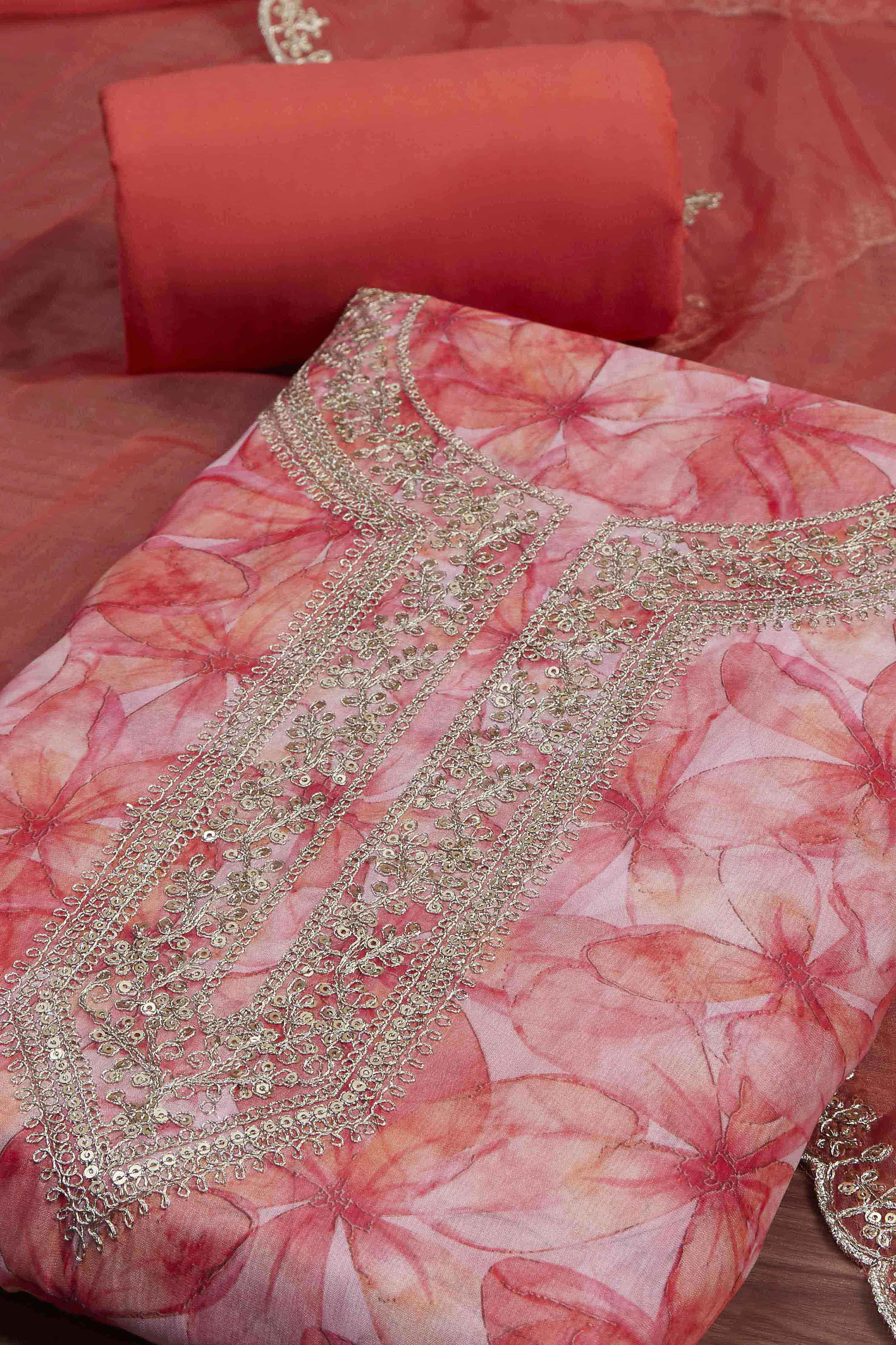 Old-Rose Organza Rajasthani Print Unstitched Suit Set image number 1