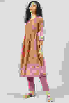 Dusky Pink Printed Cotton Gathered Suit Set image number 3