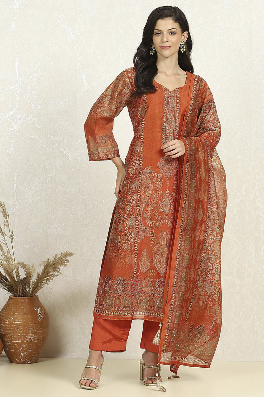 Rust Chanderi Unstitched Suit Set image number 7
