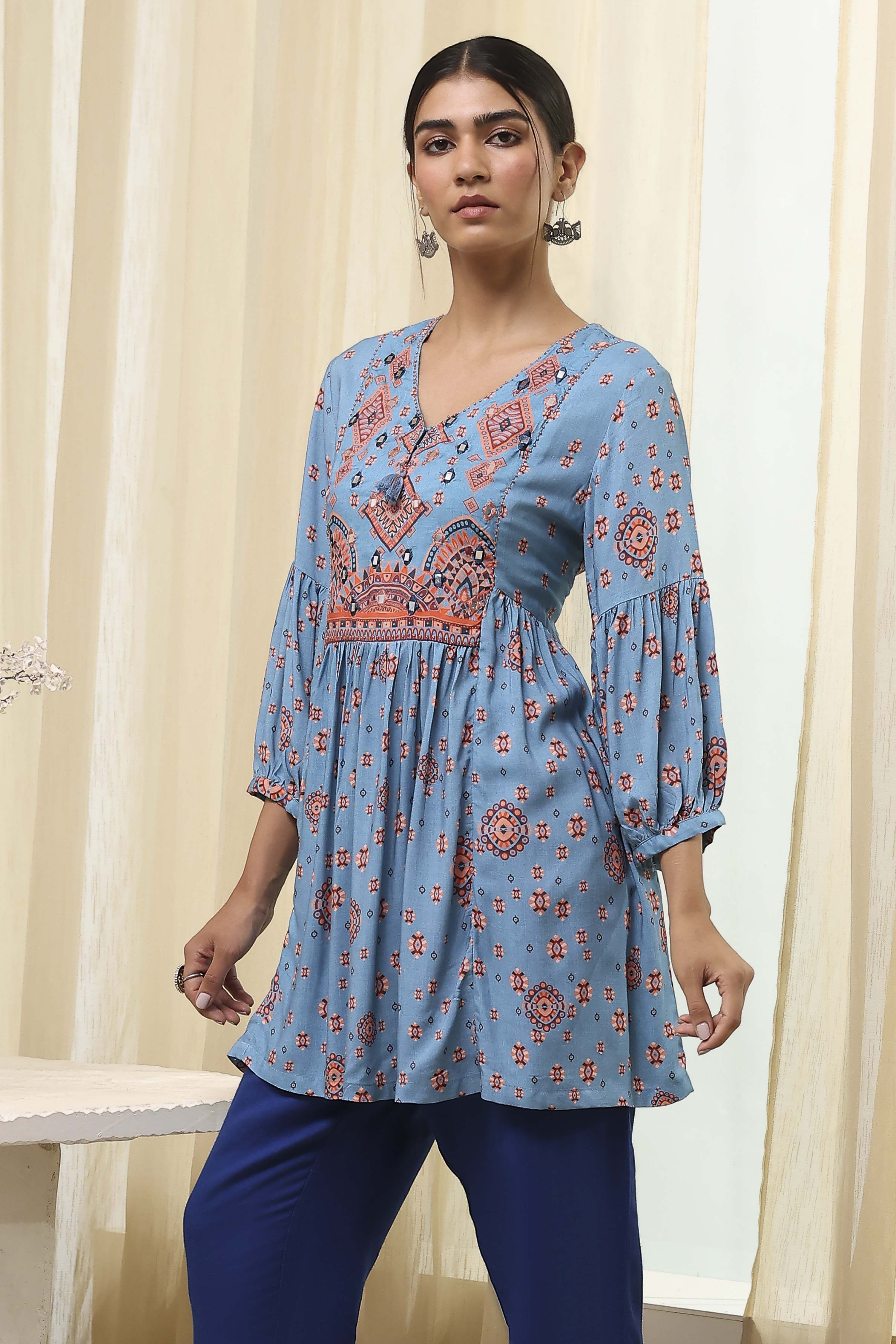 Dull Blue Printed Short Kurta image number 2