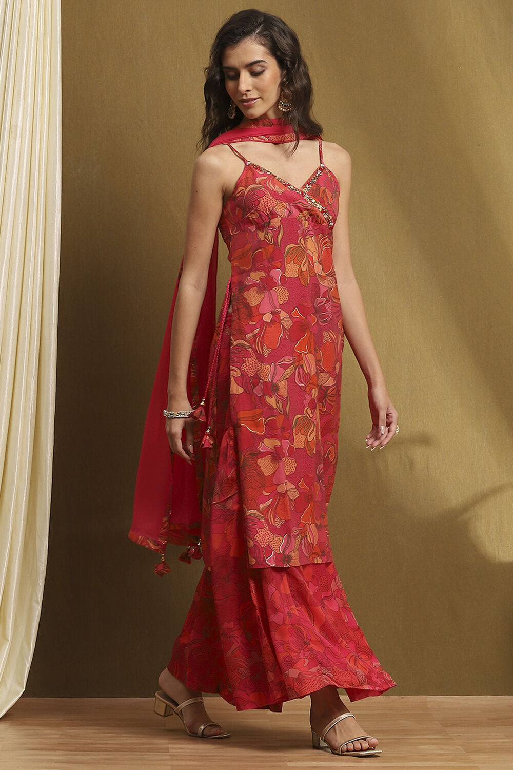 Rust Floral Printed Straight Suit Set image number 5