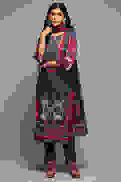 Indigo & Red Rayon Straight Kurta Pants Suit Set image number 7