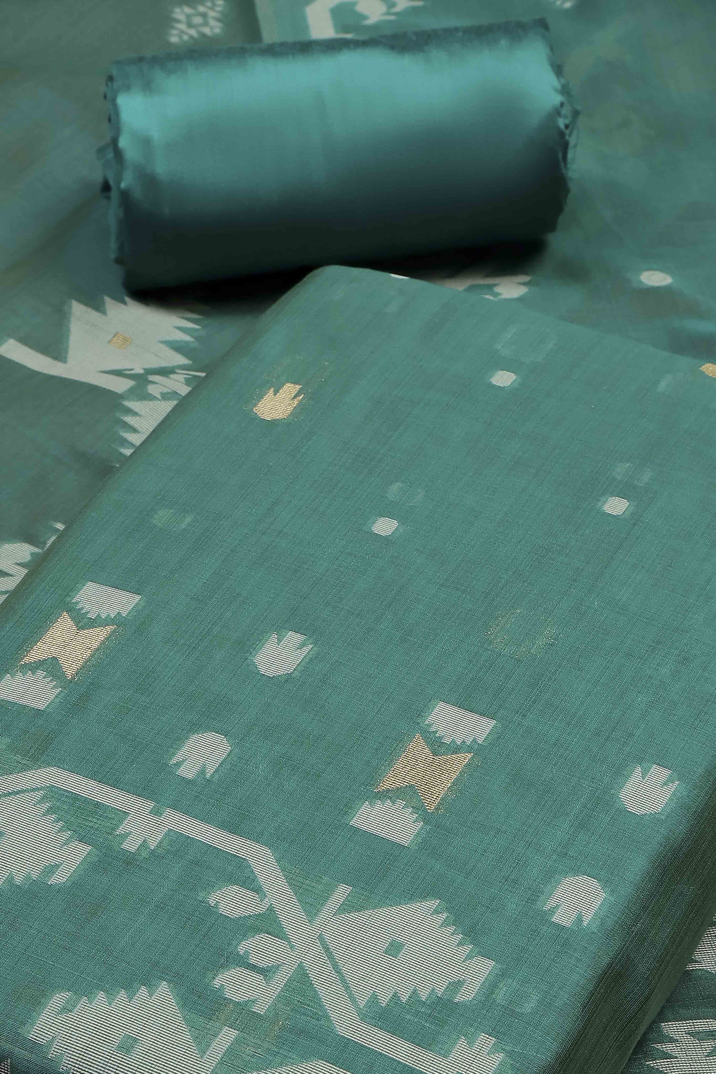 Bottle Green Cotton Jamdani Unstitched Suit Set image number 1