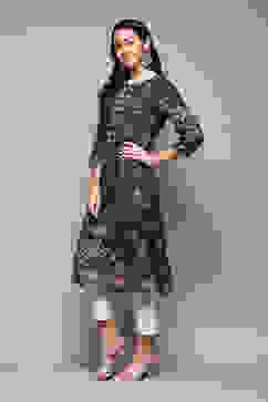 Navy LIVA Straight Printed Kurta image number 2