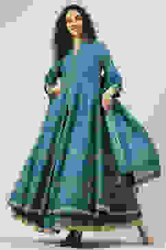 Teal Cotton Anarkali Kurta Skirt Suit Set image number 7