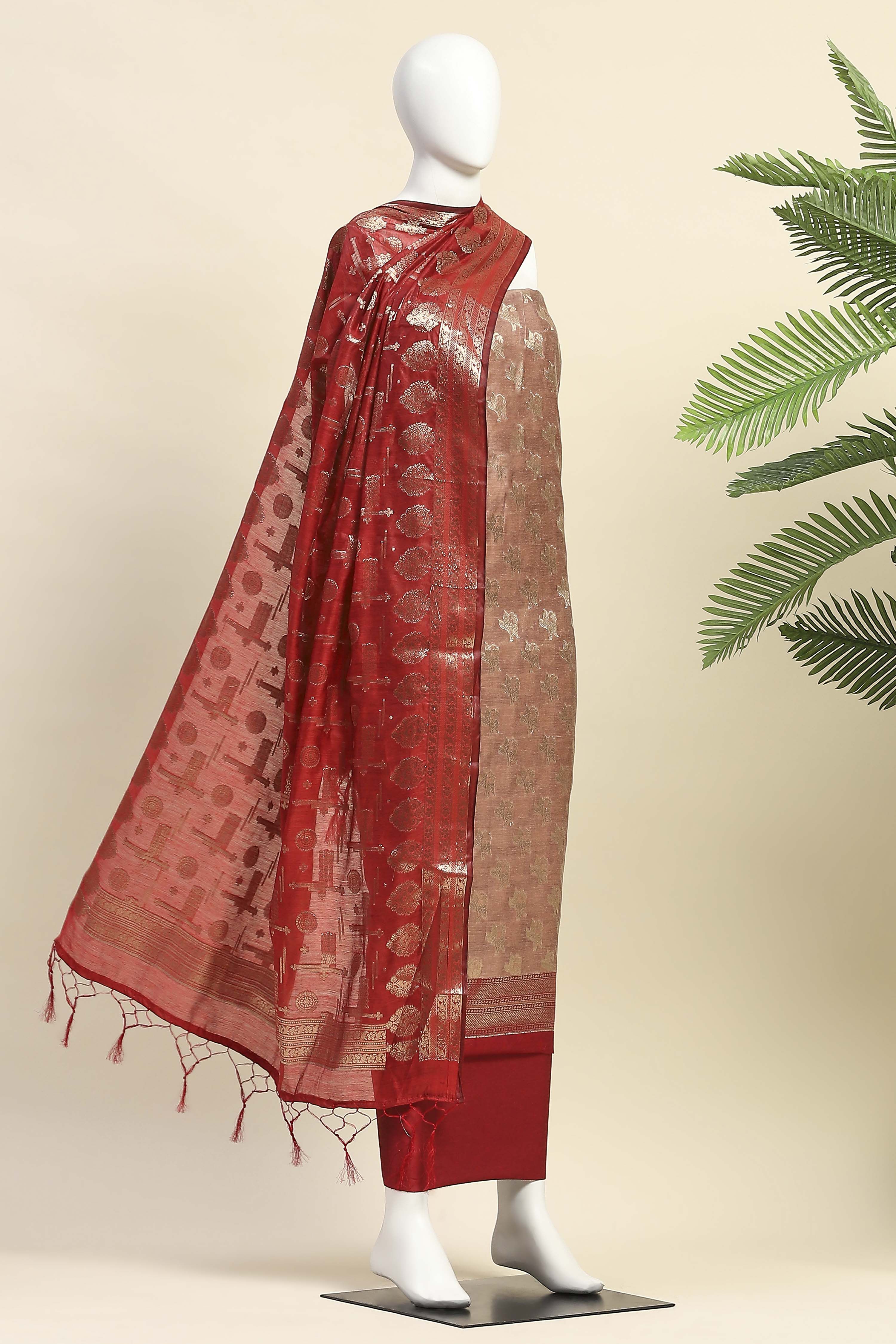 Peach Cotton Printed Embroidered Unstitched Suit Set image number 4