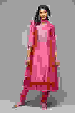 Coral Cotton Blend Layered Kurta Churidar Suit Set image number 8