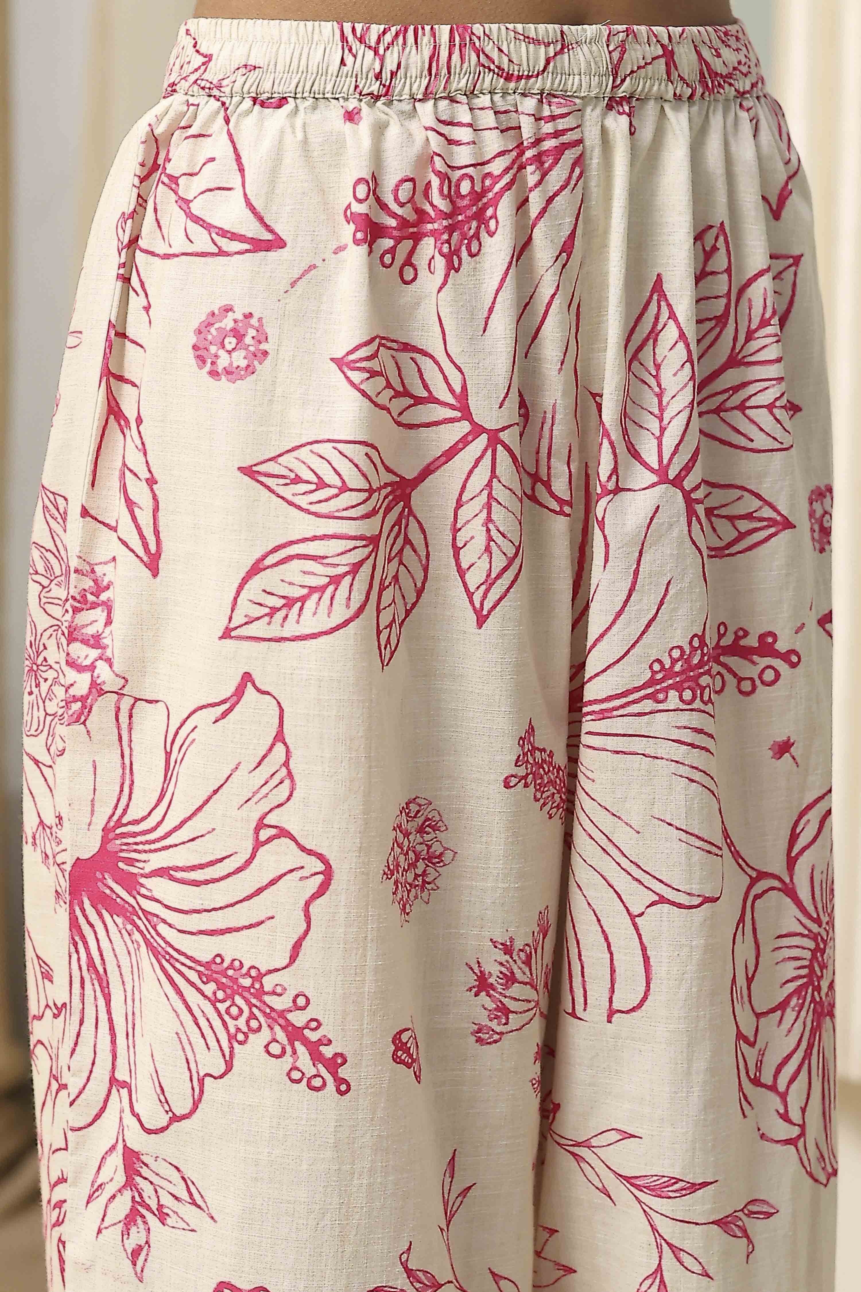 Off-White and Pink Cotton Straight Suit Set image number 2
