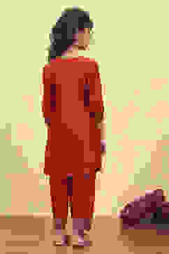 Red Viscose Rayon Solid A-Line Suit Set image number 4